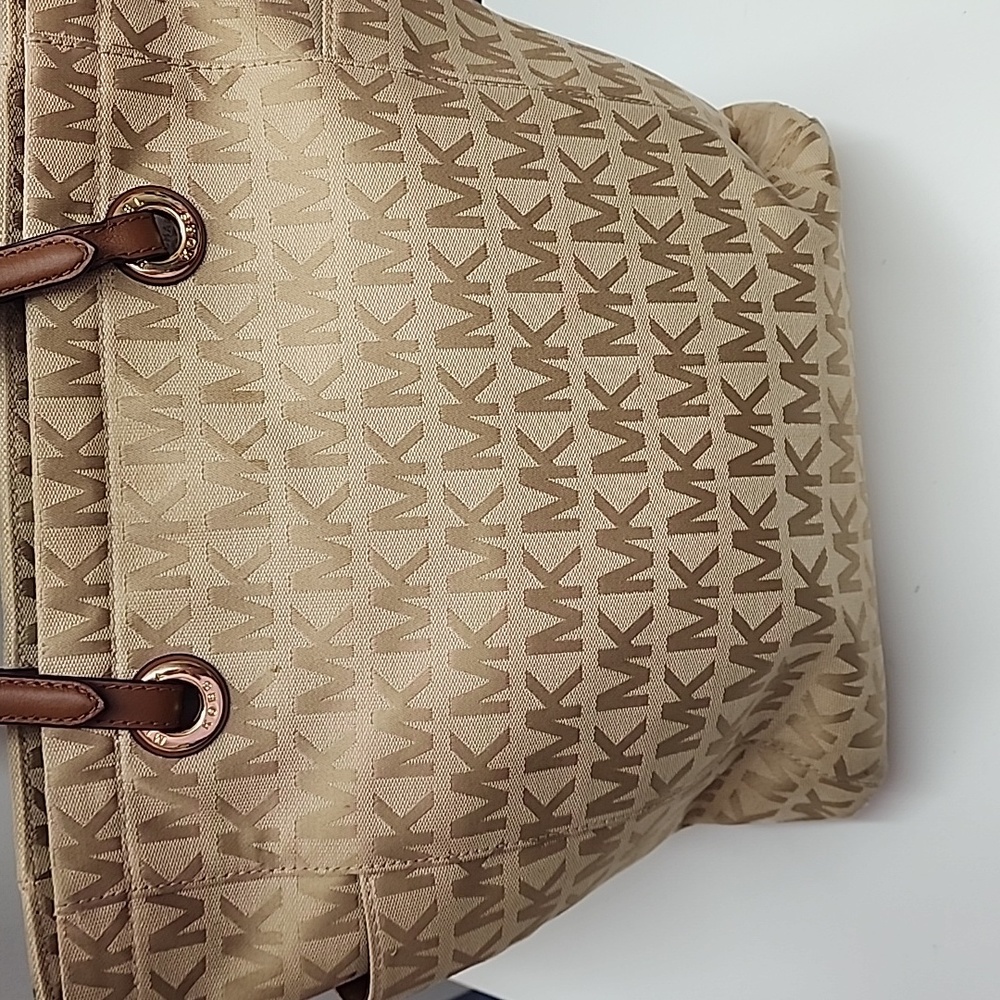 Michael Kors Large Beige Signature  Jacquard Tote with Brown Leather Handles.EUC